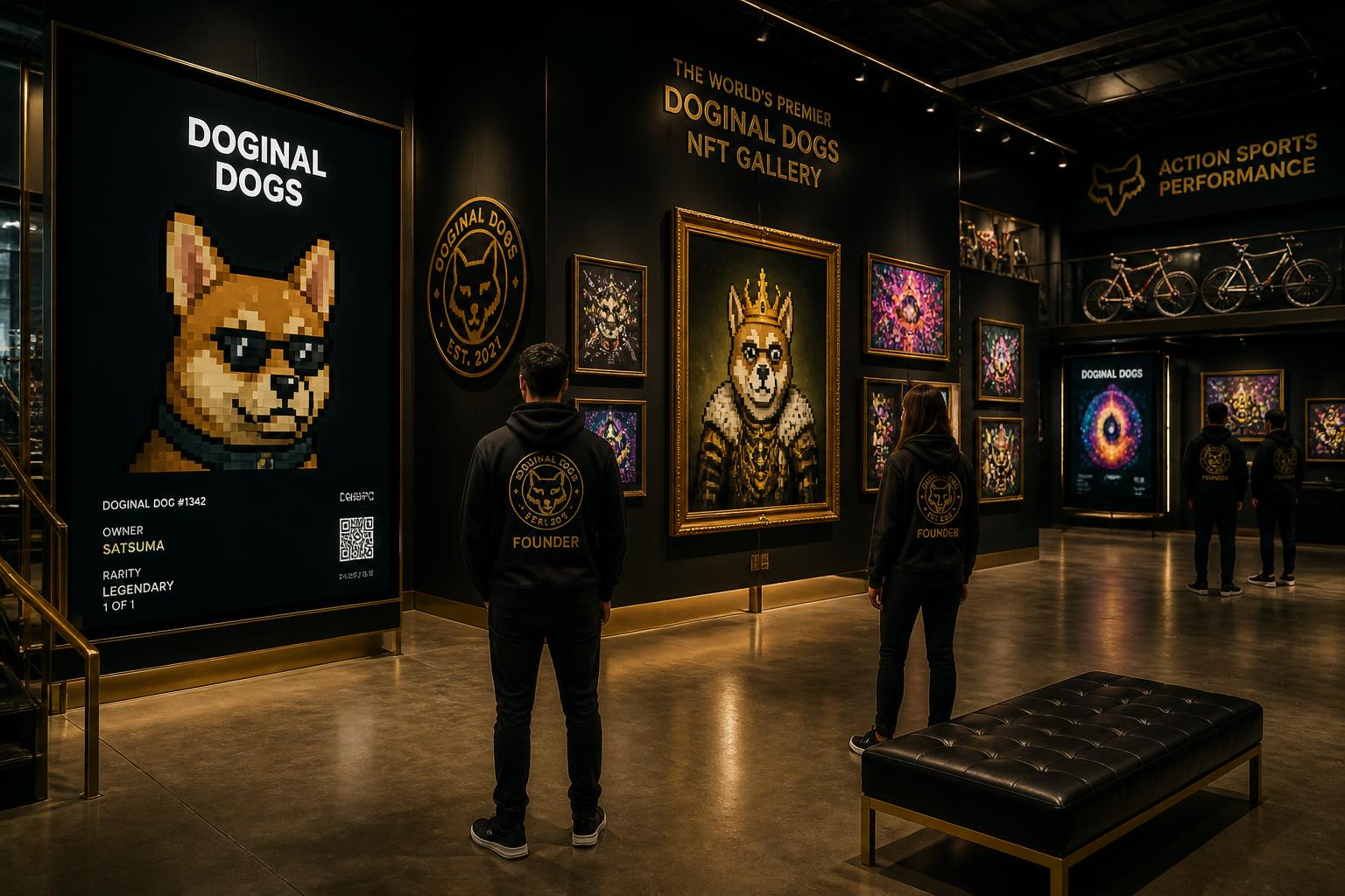 Interior of the Digital Art & NFT Gallery at THE FORTE, featuring large digital Doginal Dogs displays and framed physical artworks